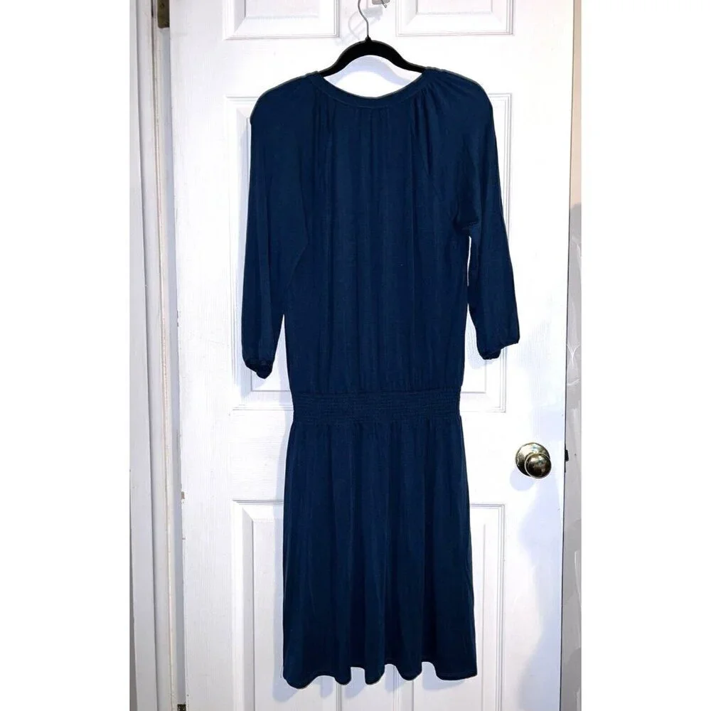 NWT GARNET HI V-neck 3/4 Sleeve Smock Waist Teal Tencell Blend Dress Sz S Boho - Picture 9 of 14